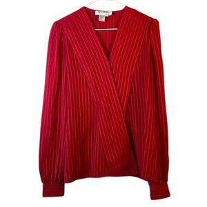 Vintage Llyse Andrews Red Pin Striped Accent Long Sleeved Faux Wrap Shirt